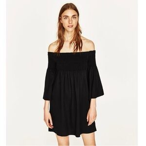 Zara Woman 100% Lyocell Off The Shoulder Bell Sleeve Mini Dress